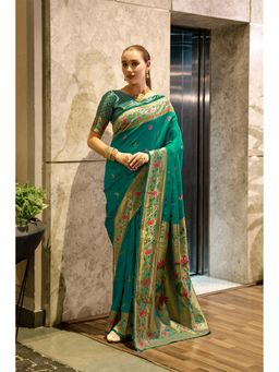 Suha - Art Silk Zari Woven Green Saree with Unstitched Blouse