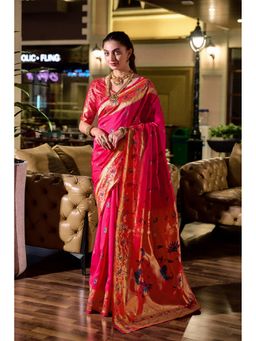 Suha - Women Pink Art Silk Woven Saree with Unstitched Blouse