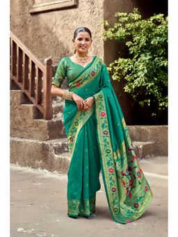 Suha - Art Silk Zari Woven Green Handloom Saree with Unstitched Blouse