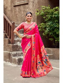 Suha - Women Art Silk Pink Woven Saree with Unstitched Blouse