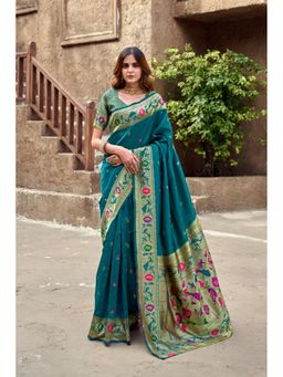 Suha - Women Teal Art Silk Woven Saree with Unstitched Blouse