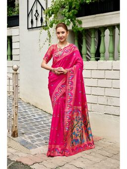 Suha - Women Art Silk Woven Pink Saree with Unstitched Blouse
