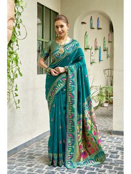 Suha - Women Art Silk Teal Woven Saree with Unstitched Blouse