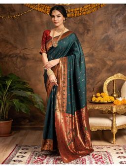 Suha - Women'S Teal Art Silk Zari Woven Saree with Unstitched Blouse