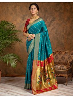 Suha - Women'S Art Silk Teal Zari Woven Saree with Unstitched Blouse