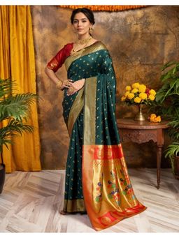 Suha - Women'S Art Silk Zari Woven Teal Saree with Unstitched Blouse