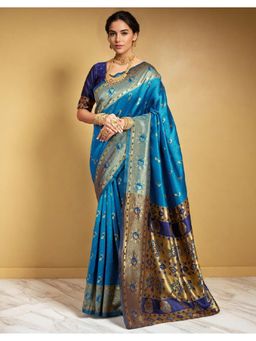 Suha - Blue Women Art Silk Woven Handloom Saree with Unstitched Blouse