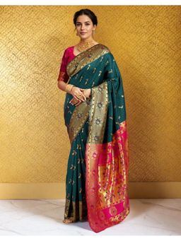 Suha - Women'S Teal Art Silk Woven Handloom Saree with Unstitched Blouse