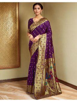 Suha - Elegant Purple Art Silk Intricate Woven Design Saree with Unstitched Blouse