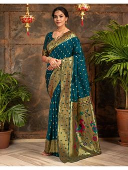 Suha - Elegant Teal Art Silk Intricate Woven Design Saree with Unstitched Blouse