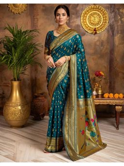 Suha - Elegant Teal Art Silk Intricate Woven Design Saree with Unstitched Blouse