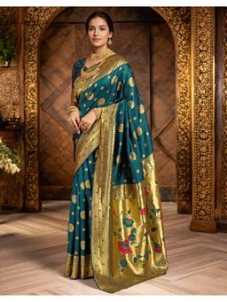 Suha - Elegant Teal Art Silk Intricate Woven Design Saree with Unstitched Blouse