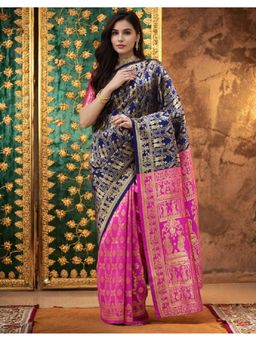 Suha - Elegant Navy Blue Art Silk Intricate Woven Design Saree with Unstitched Blouse