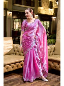 Suha - Elegant Pink Shimmer Chiffon with Fine Embroidery Saree with Unstitched Blouse