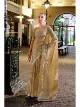 Suha - Elegant Beige Shimmer Chiffon with Fine Embroidery Saree with Unstitched Blouse