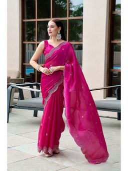 Suha - Elegant Pink Shimmer Chiffon with Fine Embroidery Saree with Unstitched Blouse