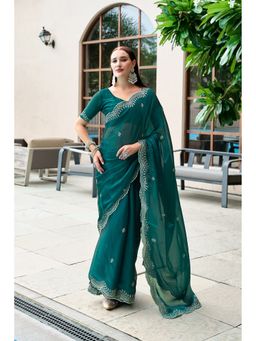 Suha - Elegant Green Shimmer Chiffon with Fine Embroidery Saree with Unstitched Blouse