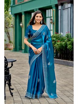 Suha - Elegant Blue Shimmer Chiffon with Fine Embroidery Saree with Unstitched Blouse