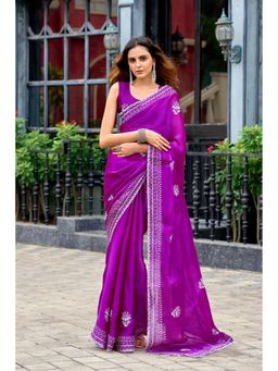 Suha - Elegant Magenta Shimmer Chiffon with Fine Embroidery Saree with Unstitched Blouse