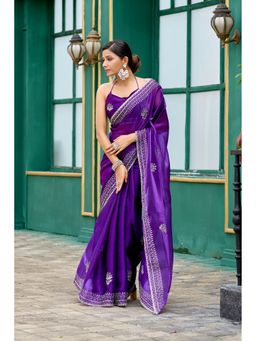 Suha - Elegant Purple Shimmer Chiffon with Fine Embroidery Saree with Unstitched Blouse