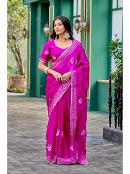 Suha - Elegant Pink Shimmer Chiffon with Fine Embroidery Saree with Unstitched Blouse