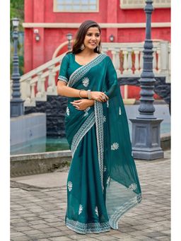 Suha - Elegant Teal Shimmer Chiffon with Fine Embroidery Saree with Unstitched Blouse