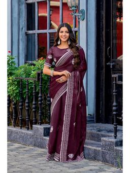Suha - Elegant Purple Shimmer Chiffon with Fine Embroidery Saree with Unstitched Blouse