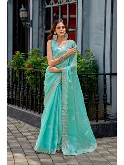 Suha - Elegant Aqua Shimmer Chiffon with Fine Embroidery Saree with Unstitched Blouse