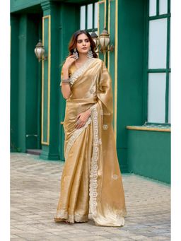 Suha - Elegant Beige Shimmer Chiffon with Fine Embroidery Saree with Unstitched Blouse