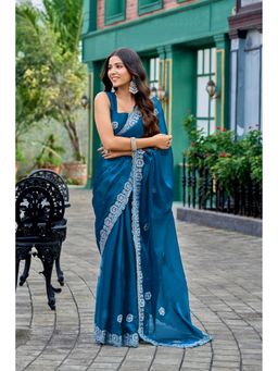 Suha - Elegant Blue Shimmer Chiffon with Fine Embroidery Saree with Unstitched Blouse
