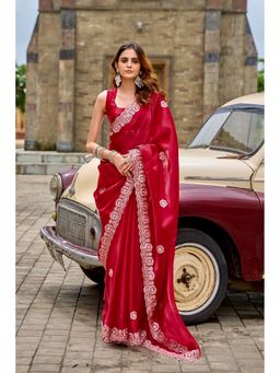 Suha - Elegant Red Shimmer Chiffon with Fine Embroidery Saree with Unstitched Blouse