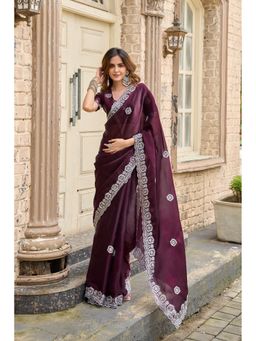 Suha - Elegant Wine Shimmer Chiffon with Fine Embroidery Saree with Unstitched Blouse