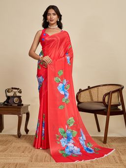 Suha - Lightweight Red Chinon Beautiful Prints Saree with Unstitched Blouse