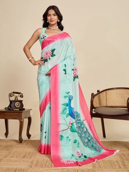 Suha - Lightweight Blue Chinon Beautiful Prints Saree with Unstitched Blouse