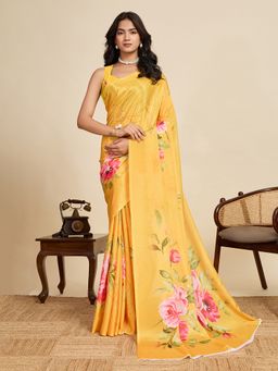Suha - Lightweight Yellow Chinon Beautiful Prints Saree with Unstitched Blouse