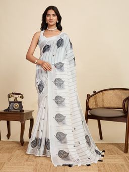 Suha - Soft Cotton Linen Elegant White Prints Saree with Unstitched Blouse