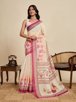 Suha - Soft Cotton Linen Elegant Cream Prints Saree with Unstitched Blouse