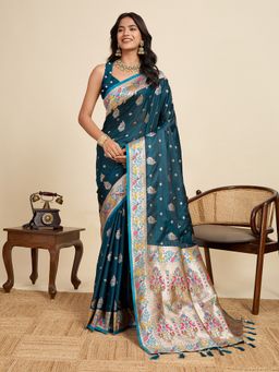 Suha - Luxurious Blue Satin Silk Rich Zari Weaving Saree with Unstitched Blouse