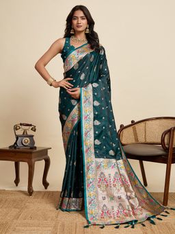 Suha - Luxurious Teal Satin Silk Rich Zari Weaving Saree with Unstitched Blouse