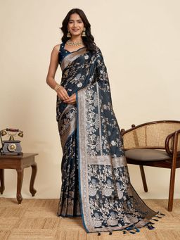 Suha - Luxurious Navy Blue Satin Silk Rich Zari Weaving Saree with Unstitched Blouse
