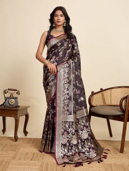Suha - Luxurious Wine Satin Silk Rich Zari Weaving Saree with Unstitched Blouse
