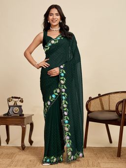 Suha - Elegant Green Georgette Swarovski Diamond Work Saree with Unstitched Blouse