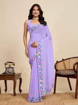 Suha - Elegant Lavender Georgette Swarovski Diamond Work Saree with Unstitched Blouse