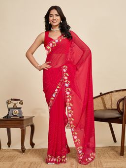 Suha - Elegant Red Georgette Sparkling Swarovski Diamond Work Saree with Unstitched Blouse