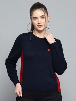 Rock.it - Womens Solid Navy Blue Round Neck Full Sleeve Pullover