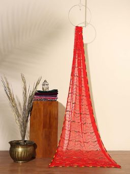 Globus - Red Phulkari Embroidered Chiffon Taping Border Festive Dupatta