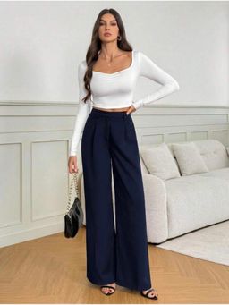 BROADSTAR - Navy Blue Women Korean Style High Waist Wide Leg Pant
