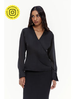 Qua - Black Faux Wrap Blouse