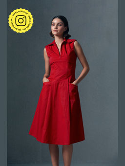 Qua - Red Pure Cotton Solid A-Line Dress