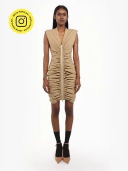 Qua - Khaki Polyester Pleated Bodycon Dress